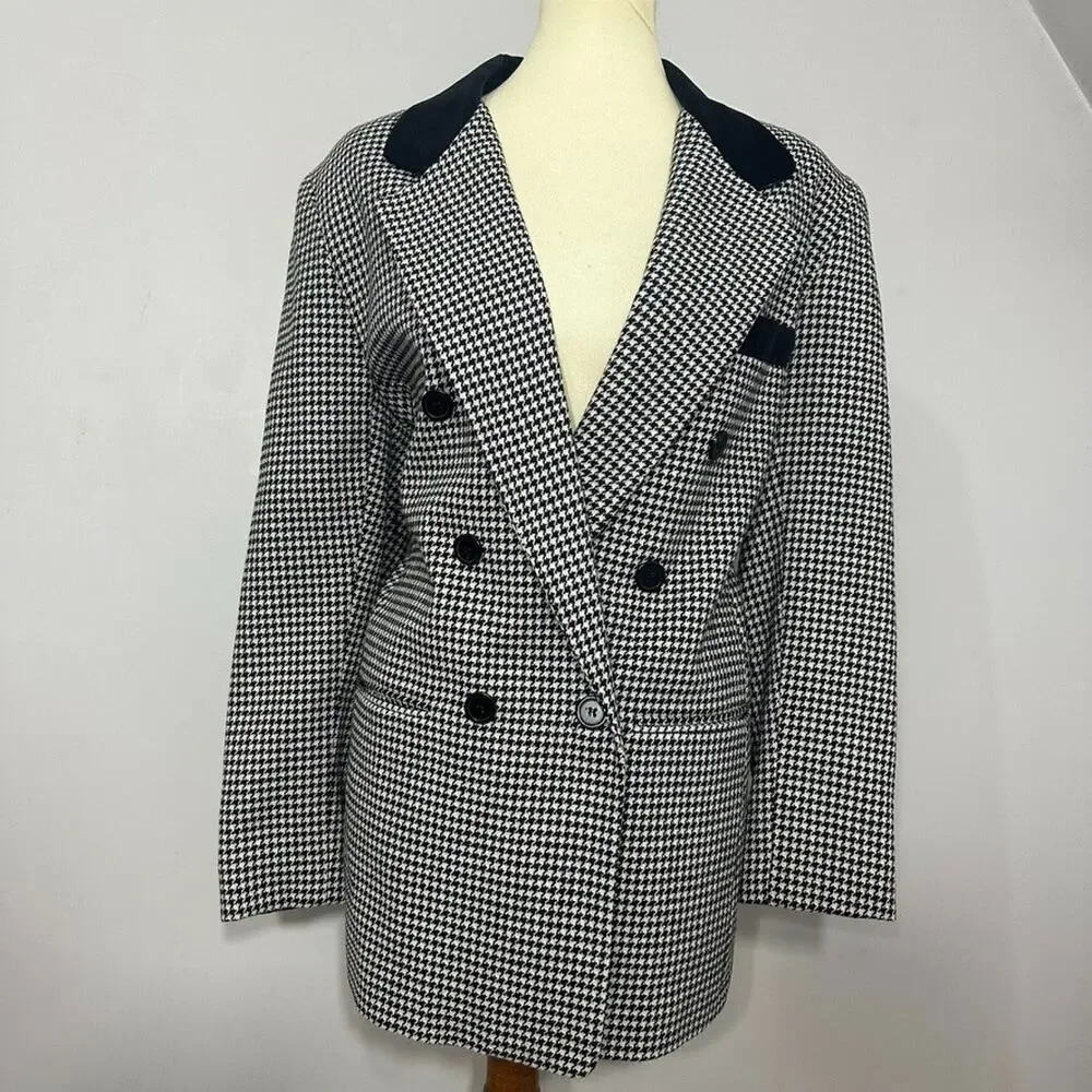 Vintage Womens Houndstooth Double Breasted Blazer Sz L Preppy Old Money Velvet - Picture 8 of 8